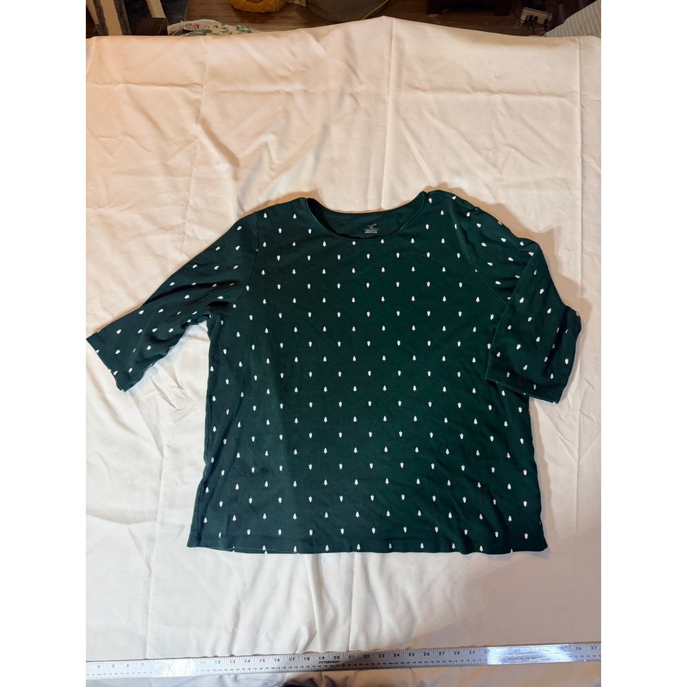 CJ Banks Womens 2X Green Cotton Embroidered Pine Tree 3/4 Sleeve Holiday Top